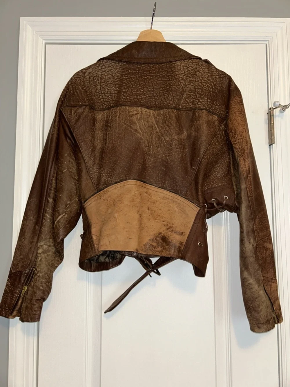 Women's Brown Leather Cropped Moto Jacket with Belt From Istanbul Turkey 1991